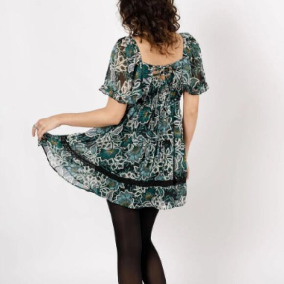 Band Of The Free XS Black Emerald Maisie Emerald Floral Mini Dress Boho Gypsy - Picture 2 of 13